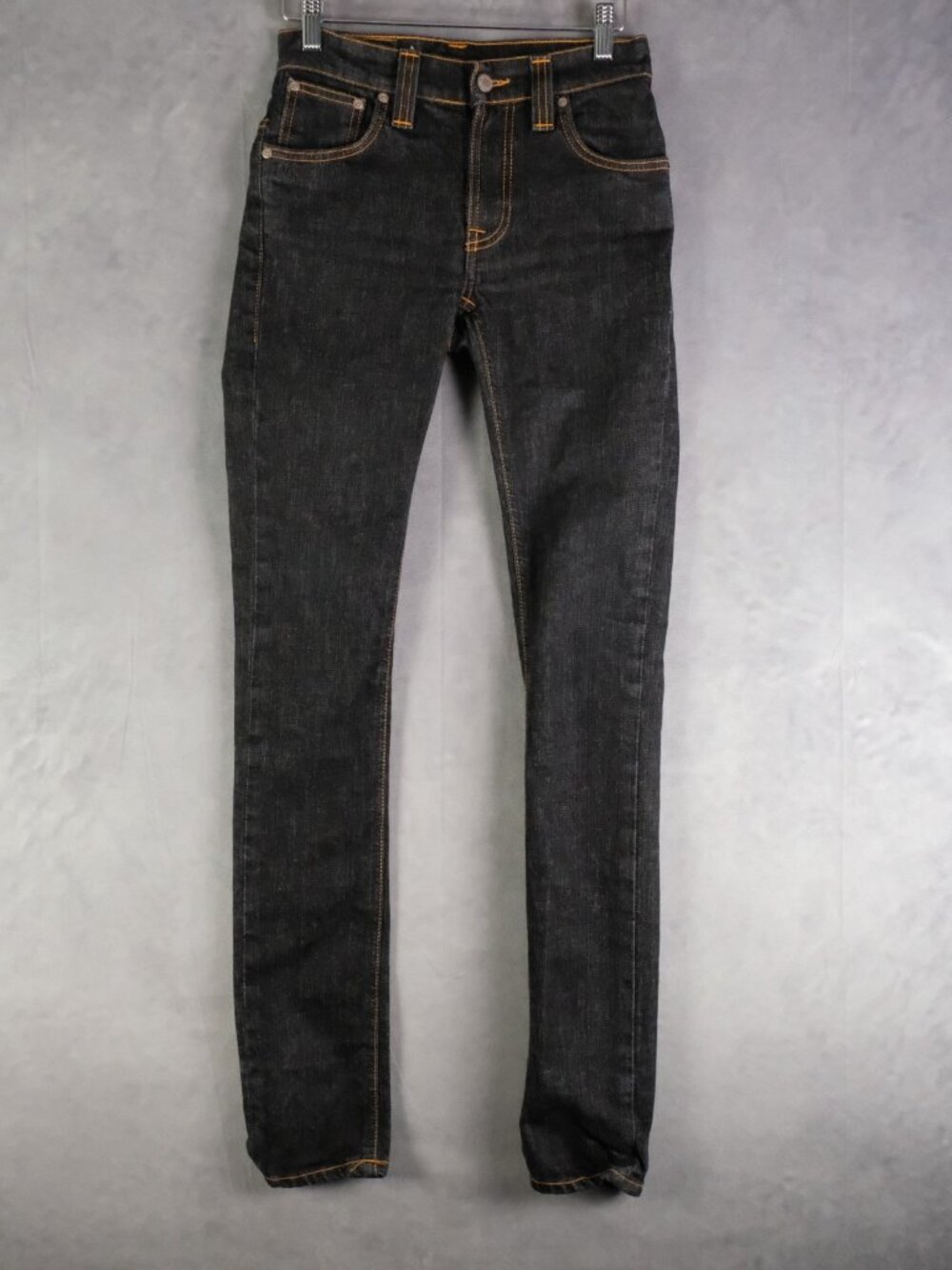 Nudie Thin Finn Jeans Womens 27 Black Slim Straight Stretch High Rise 34"